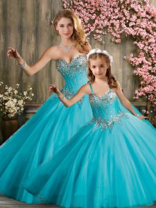 Custom Design Sweetheart Sleeveless Lace Up Quinceanera Gown Aqua Blue Tulle