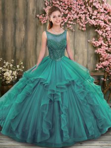 Modern Turquoise Sleeveless Beading and Ruffles Floor Length Ball Gown Prom Dress
