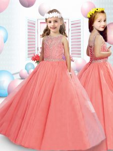 Watermelon Red Ball Gowns Beading Girls Pageant Dresses Lace Up Tulle Sleeveless Floor Length