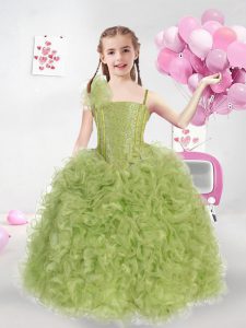 Olive Green Ball Gowns Straps Sleeveless Organza Floor Length Lace Up Ruffles and Sequins Little Girls Pageant Dress