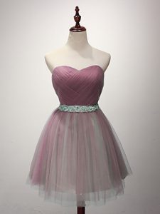 Custom Fit Sleeveless Tulle Mini Length Lace Up Vestidos de Damas in Pink with Beading and Ruching