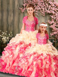 Organza Sleeveless Floor Length Ball Gown Prom Dress and Beading and Ruffles