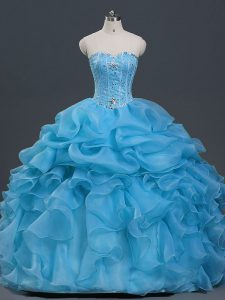 Amazing Baby Blue Lace Up Quinceanera Dress Beading and Ruffles and Pick Ups Sleeveless Floor Length
