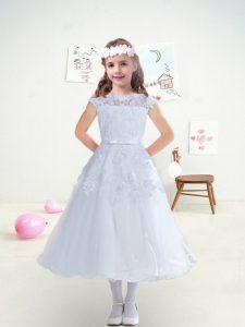 Clearance White A-line Lace and Belt Toddler Flower Girl Dress Zipper Tulle Cap Sleeves Tea Length