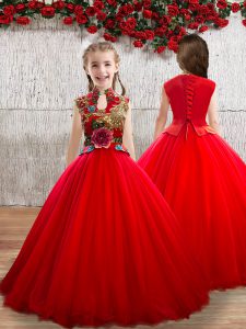 Red Ball Gowns High-neck Sleeveless Tulle Floor Length Lace Up Appliques Little Girl Pageant Dress