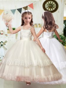 Graceful Straps Sleeveless Tulle Flower Girl Dresses Beading and Lace Brush Train Clasp Handle