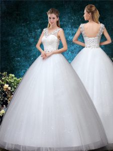 White Ball Gowns Tulle V-neck Sleeveless Beading and Appliques Floor Length Lace Up Bridal Gown