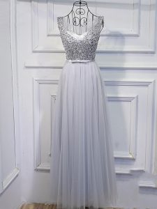 Vintage Grey Lace Up Scoop Beading and Sequins Prom Gown Tulle Sleeveless