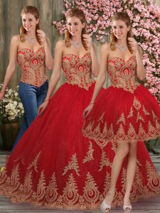Lovely Red Tulle Lace Up Sweetheart Sleeveless Quinceanera Dress Brush Train Appliques
