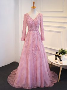 Unique Pink Mother of Bride Dresses Tulle Brush Train Long Sleeves Lace and Appliques
