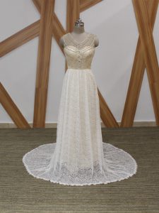 New Arrival Side Zipper Wedding Gowns White for Wedding Party with Beading and Lace Brush Train
