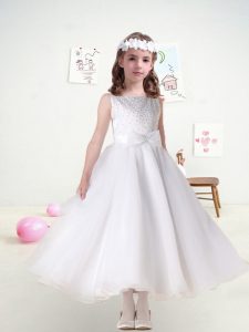 Ankle Length Zipper Flower Girl Dress White for Wedding Party with Beading and Bowknot and Belt