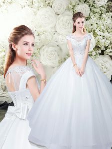 White Tulle Lace Up Scoop Cap Sleeves Floor Length Wedding Dresses Lace