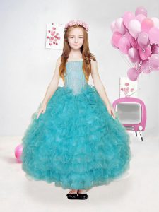 Teal Lace Up Straps Ruffles and Sequins Kids Pageant Dress Organza Sleeveless