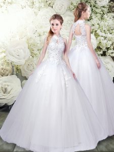 High-neck Sleeveless Tulle Wedding Dresses Lace and Appliques Lace Up