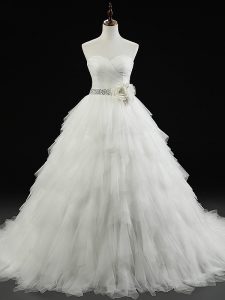 Trendy Sleeveless Brush Train Lace Up Beading and Ruffles and Hand Made Flower Wedding Dress