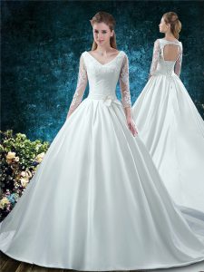 White Ball Gowns Satin V-neck 3 4 Length Sleeve Lace Lace Up Wedding Dress Court Train