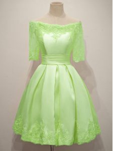 Low Price Yellow Green Off The Shoulder Lace Up Lace Wedding Guest Dresses Half Sleeves