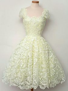 Pretty Lace Bridesmaid Dresses Yellow Lace Up Cap Sleeves Knee Length