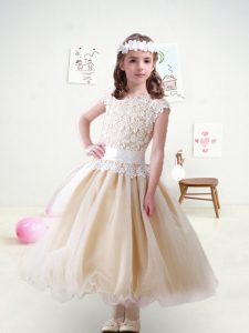 Custom Made Scoop Cap Sleeves Flower Girl Dress Ankle Length Lace Champagne Tulle