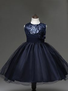 Adorable Navy Blue Sleeveless Sequins and Hand Made Flower Knee Length Little Girl Pageant Dress