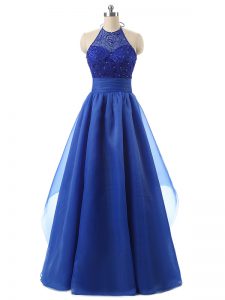 Fantastic Organza Halter Top Sleeveless Zipper Beading and Ruffles Prom Gown in Blue