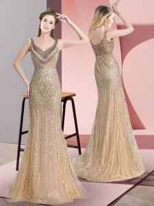 Spectacular Sleeveless Beading and Sequins Zipper Evening Dress with Champagne Brush Train