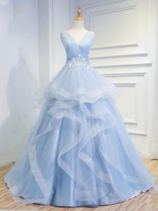 V-neck Sleeveless Brush Train Lace Up Prom Dress Light Blue Tulle