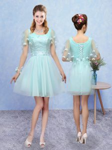 Excellent Aqua Blue A-line Tulle Scoop Sleeveless Appliques Mini Length Lace Up Dama Dress for Quinceanera