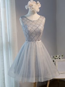 Grey A-line Scoop Sleeveless Tulle Mini Length Lace Up Beading Prom Homecoming Dress
