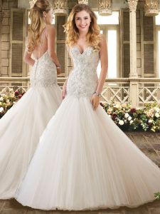 On Sale White Tulle Backless Straps Sleeveless Wedding Dress Brush Train Beading