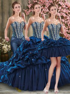 Navy Blue Sweetheart Neckline Beading and Pick Ups Quince Ball Gowns Sleeveless Lace Up