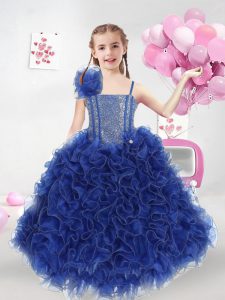 Royal Blue Sleeveless Organza Lace Up Little Girls Pageant Dress for Wedding Party
