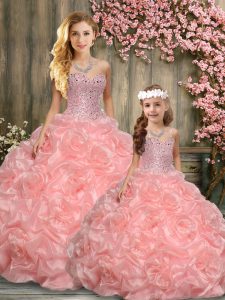 Peach Fabric With Rolling Flowers Lace Up Sweetheart Sleeveless Floor Length Quinceanera Gown Beading and Ruffles