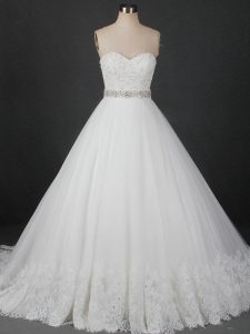 White Lace Up Sweetheart Beading and Lace Wedding Gowns Tulle Sleeveless Brush Train