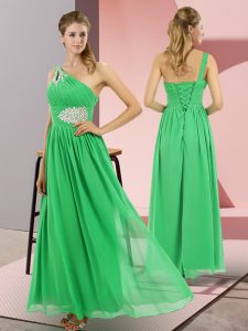 Chiffon One Shoulder Sleeveless Lace Up Beading Prom Party Dress in Green