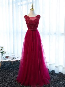 Delicate Empire Prom Gown Fuchsia Scoop Tulle Sleeveless Floor Length Lace Up