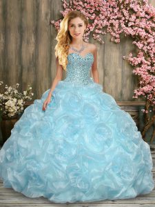 Beauteous Ball Gowns Sweet 16 Dresses Aqua Blue Sweetheart Fabric With Rolling Flowers Sleeveless Floor Length Lace Up
