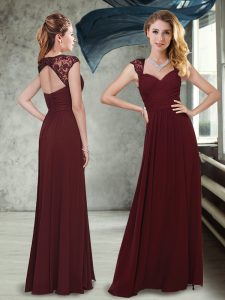 Smart Floor Length Wine Red Quinceanera Court Dresses Chiffon Cap Sleeves Lace