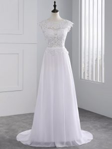 Modern White Cap Sleeves Brush Train Lace Wedding Gowns