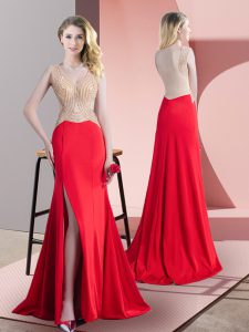 Red Sleeveless Elastic Woven Satin Brush Train Zipper Prom Gown for Prom and Party and Military Ball