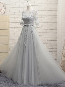 Grey Empire Tulle Scoop Half Sleeves Appliques Floor Length Lace Up Court Dresses for Sweet 16