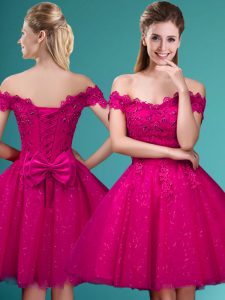 Elegant Fuchsia Cap Sleeves Lace and Belt Knee Length Wedding Party Dress