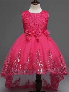 High Low Zipper Flower Girl Dresses Hot Pink for Wedding Party with Lace and Appliques and Bowknot and Hand Made Flower