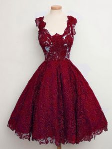 Customized Wine Red A-line Lace Dama Dress for Quinceanera Lace Up Lace Sleeveless Knee Length