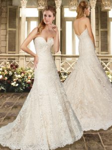 White Sleeveless Lace Brush Train Clasp Handle Wedding Dresses for Wedding Party