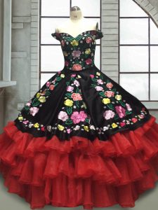 Excellent Red And Black Off The Shoulder Lace Up Embroidery and Ruffled Layers Quinceanera Gowns Sleeveless