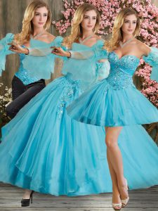 Ideal Aqua Blue Sleeveless Floor Length Beading Lace Up Quinceanera Dress