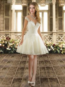 White Ball Gowns Tulle Straps Cap Sleeves Lace Knee Length Lace Up Bridesmaid Dress