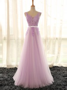 Lilac A-line Tulle V-neck Sleeveless Appliques Floor Length Lace Up Court Dresses for Sweet 16